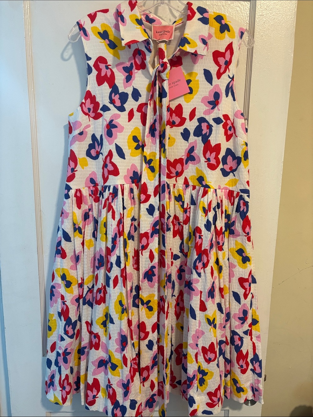 kate spade sleeveless tie-neck floral dress in white, red, pink, yellow, blue